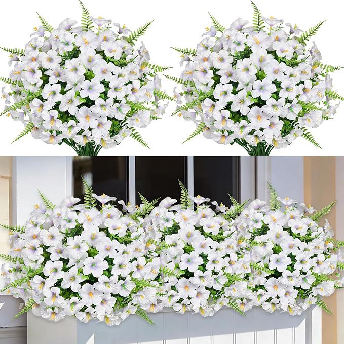 Artificial Eucalyptus, Trumpet Flower & Persian Fern Bushes, Pack of 9, Plastic, White, Indoor Outdoor Home Decor