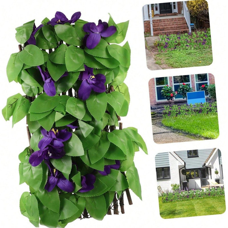 Expandable Artificial Violet Flower Fence Panel, Faux Silk Garden Privacy Screen for Patio, Balcony, Wedding & Home Decor