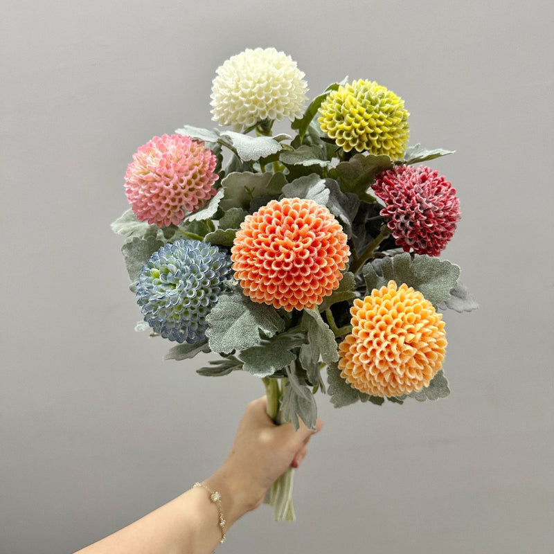 Single Stem Artificial Ping Pong Chrysanthemum Flower, Faux Floral Decor for Weddings, Home, Office, 14.5 Inches