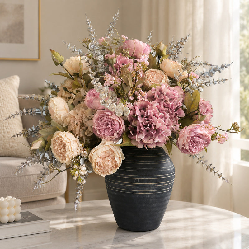 Artificial Peony & Hydrangea Bouquet, 3 Flower Heads, Faux Silk Fabric, Bendable Stems for Home, Office & Events
