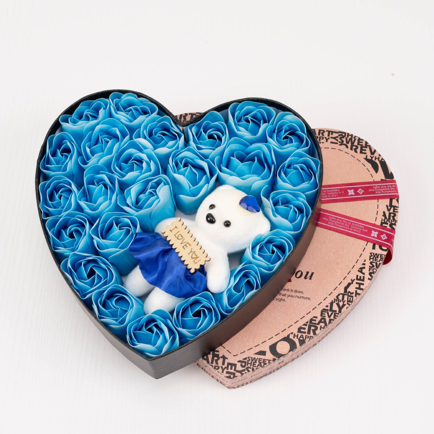 Heart Shaped Soap Rose Gift Box - 24 Soap Roses + Teddy Bear | Birthday & Valentine's Day Gift