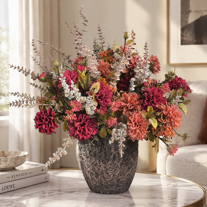 Artificial Dahlia Bouquet, 3-Bloom Faux Silk Flowers, Autumn Burnt-Edge Petals, Home & Event Decor