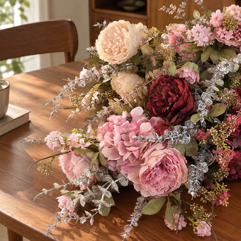 Artificial Peony & Hydrangea Bouquet, 3 Flower Heads, Faux Silk Fabric, Bendable Stems for Home, Office & Events