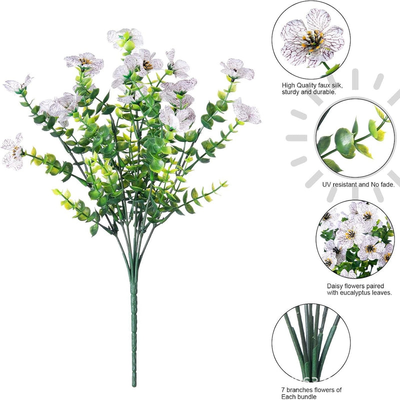 Artificial Violet Bush, 7-Branch 21-Bloom Faux Flowers with Eucalyptus, Rustic Home & Wedding Decor