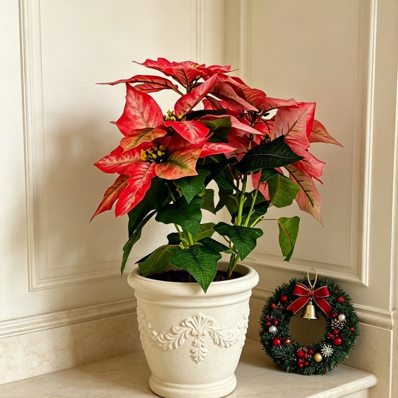 5-Bloom Artificial Poinsettia Bush, 20" Tall, Silk-Like Fabric, Indoor Holiday Decoration