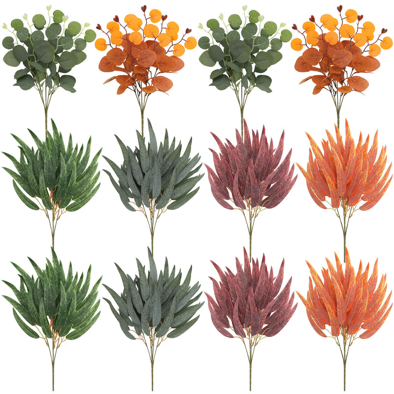 Artificial Eucalyptus Leaf Bush, Autumn-Toned Faux Greenery Stem, PE Plastic, for Wedding Floral Design, Home Decor & Window Displays