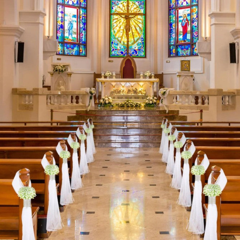 Church Wedding Chair Decor - 4.3ft White Tulle Set with Flowers (5-Pack)