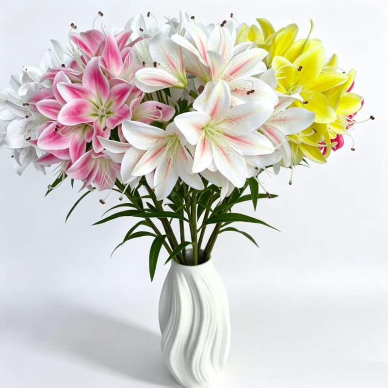 Single Stem Faux Lily with 10 Blooms, 24" Tall, Silk-Like Fabric, for Weddings, Home Decor, and Events
