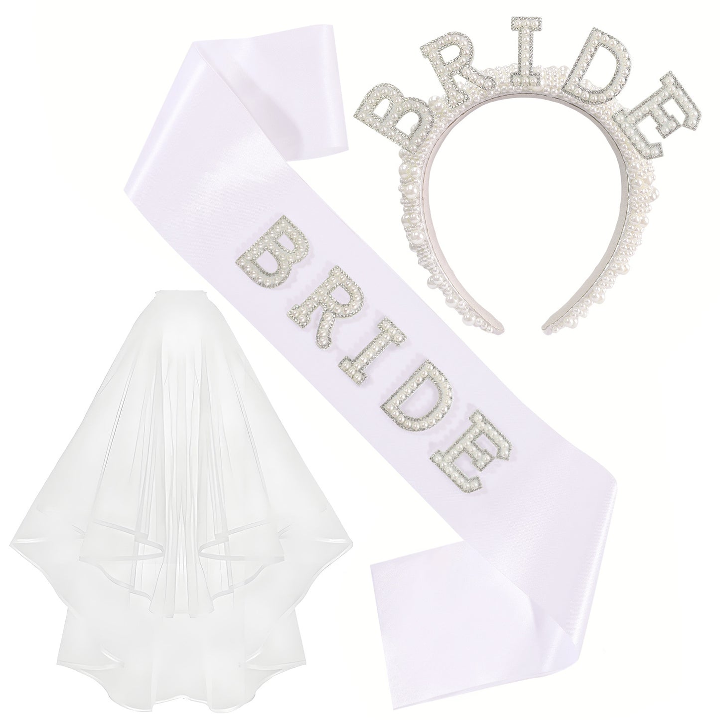 Bachelorette Party Bride Pearl Crystal Headband Veil Sash - Fashion Bridal Hair Accessory