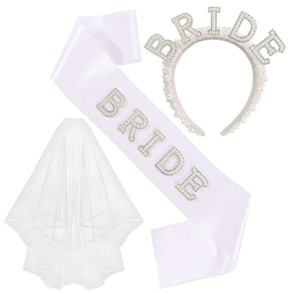 Bachelorette Party Bride Pearl Crystal Headband Veil Sash - Fashion Bridal Hair Accessory