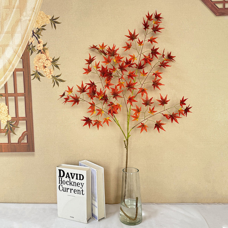 Single Stem Faux Maple Leaf Branch, 43" Tall, Velvet Fabric, Modern Fall Decor for Weddings, Home, and Events