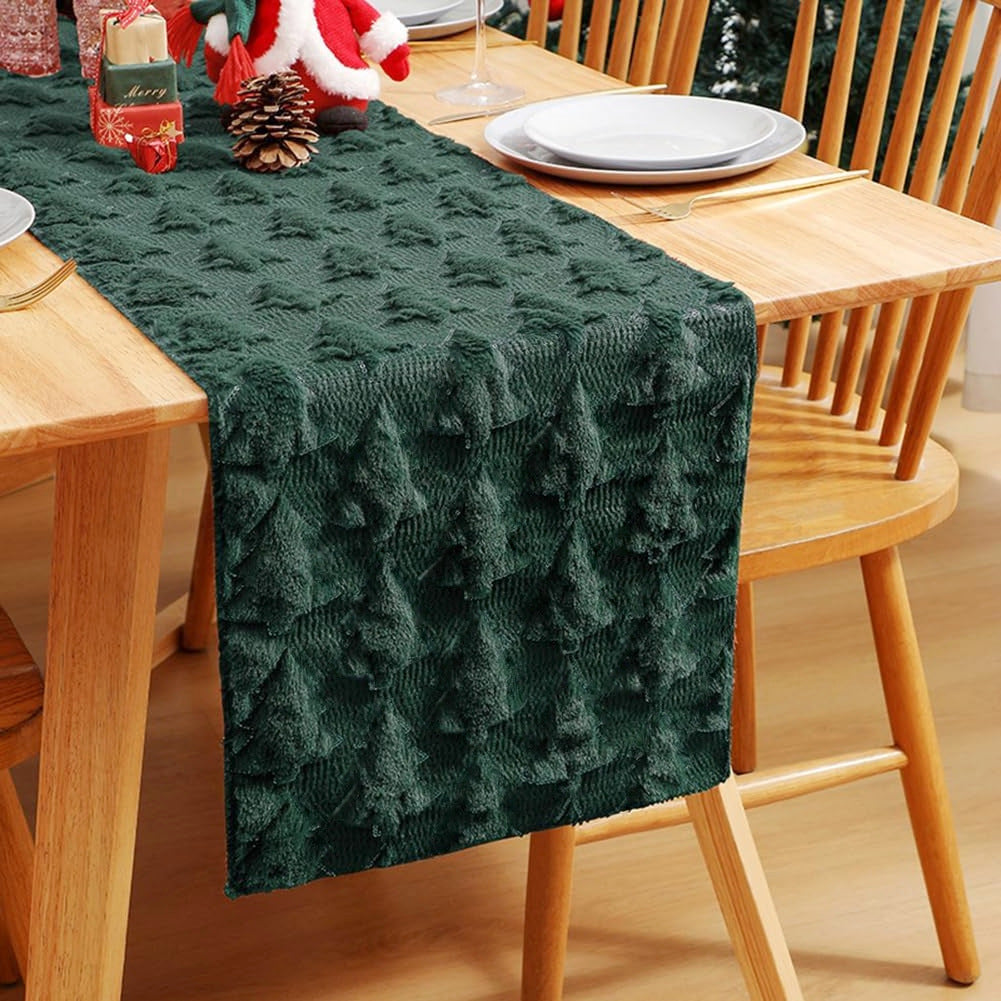 Christmas Plush Embroidered 3D Christmas Tree Table Runner - Holiday Table/Bed End Decoration (~13x72 Inches)