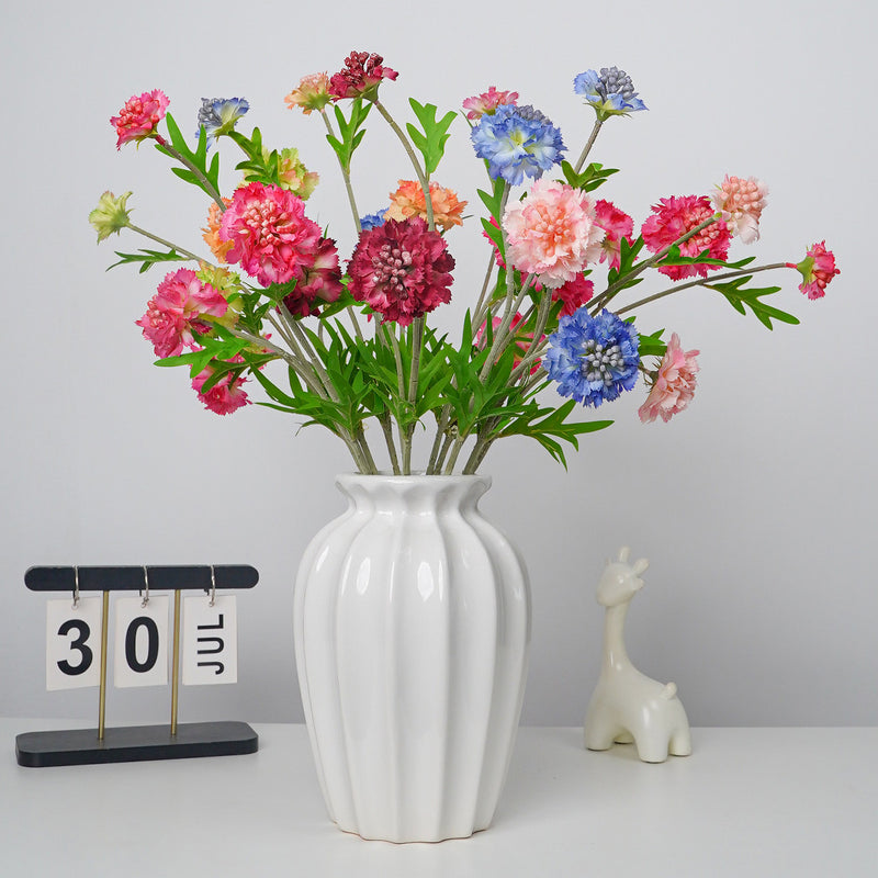 Artificial Scabiosa, Carnation & Daisy Flower Bush with 3 Blooms, Flocked, Wedding & Home Decor