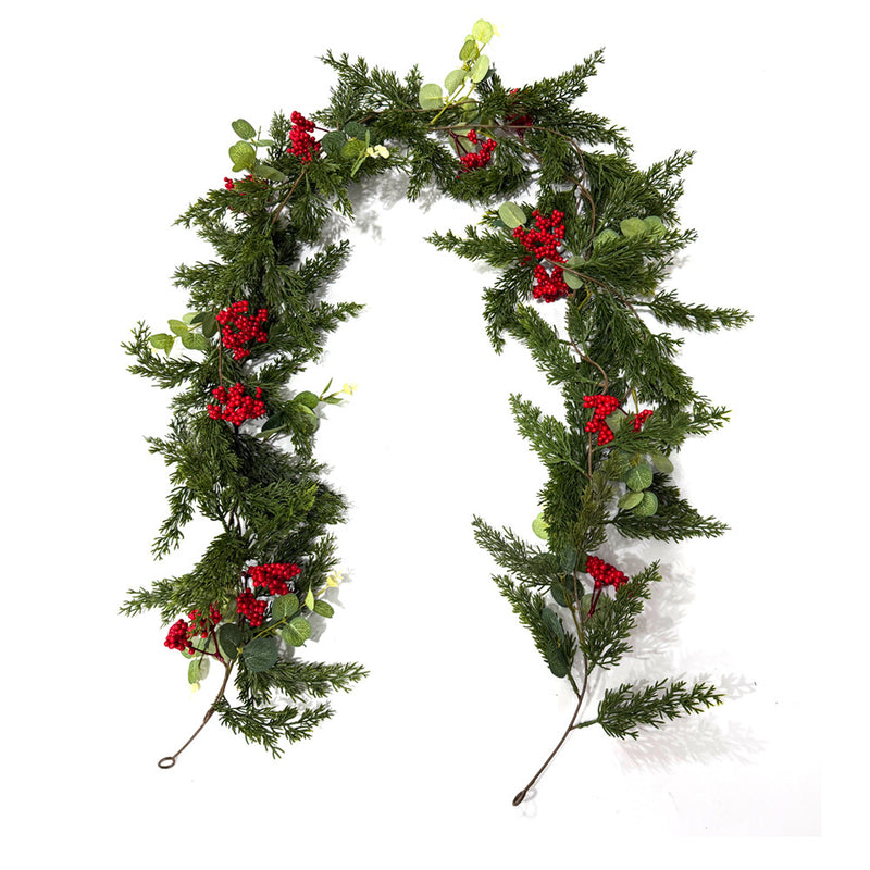 Artificial Pine Cypress Vine Garland, 71 in Trailing Greenery with Red Berries, Christmas Door Hanging & Home Decor
