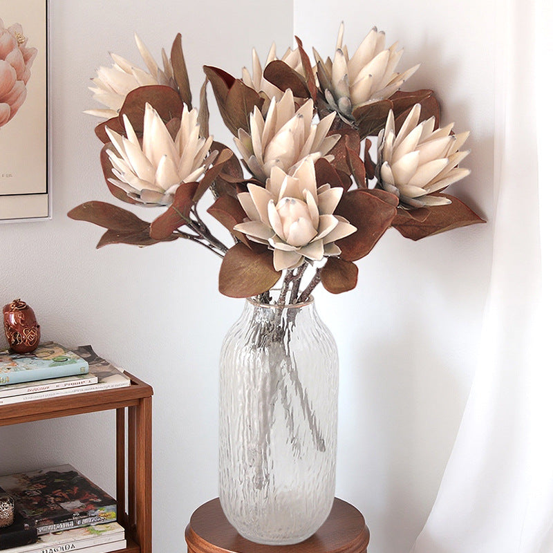 Single Stem Protea Artificial Flower, Caramel Tone, 20" Tall, Silk-like Fabric, Retro Home Decor