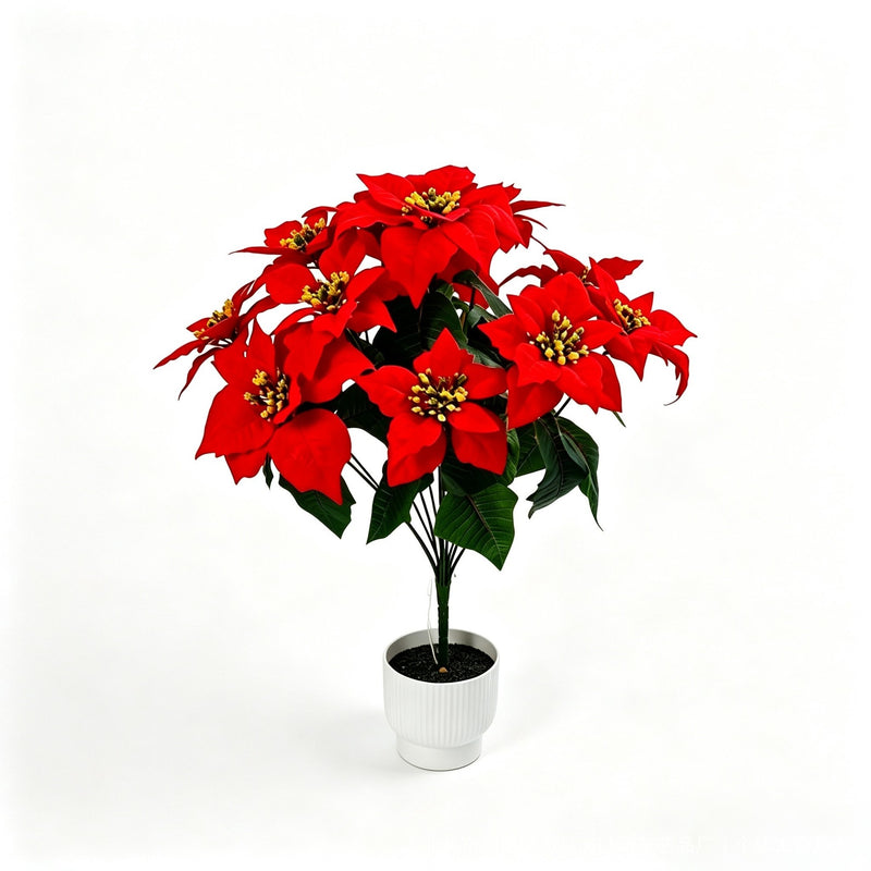 Artificial Poinsettia Bush with 12 Blooms, 20" Tall, Silk-Like Fabric, Perfect for Christmas, Weddings, and Home Decor