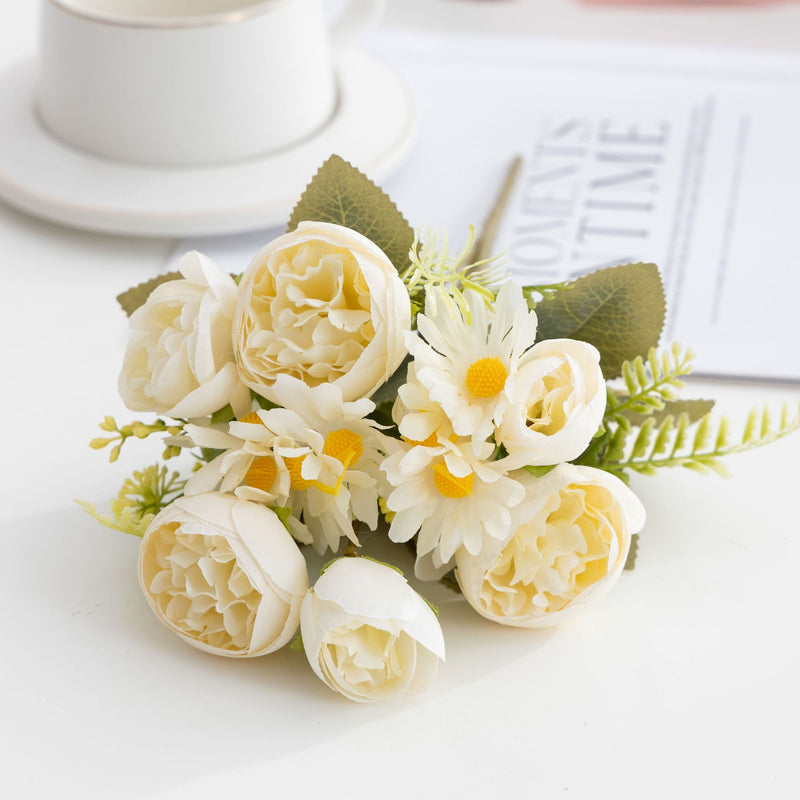 Retro Faux Silk Peony and Daisy Bouquet, 14-Bloom Floral Arrangement, 12" Tall, for Home and Event Decor