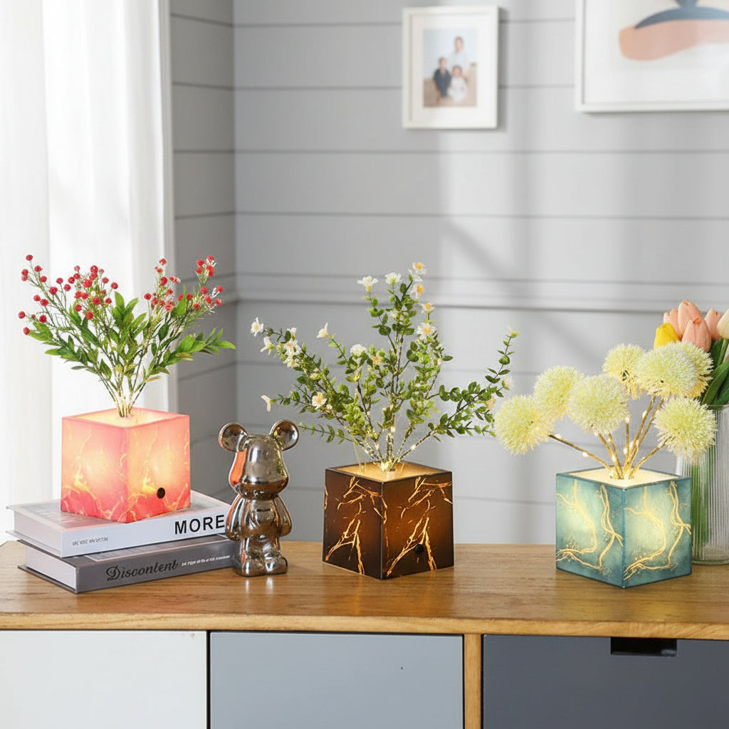 LED Faux Flower Pot Light (4.9”x4.9”x13.8”)  USBBattery Operated Night Light & Ambient Decor Lamp