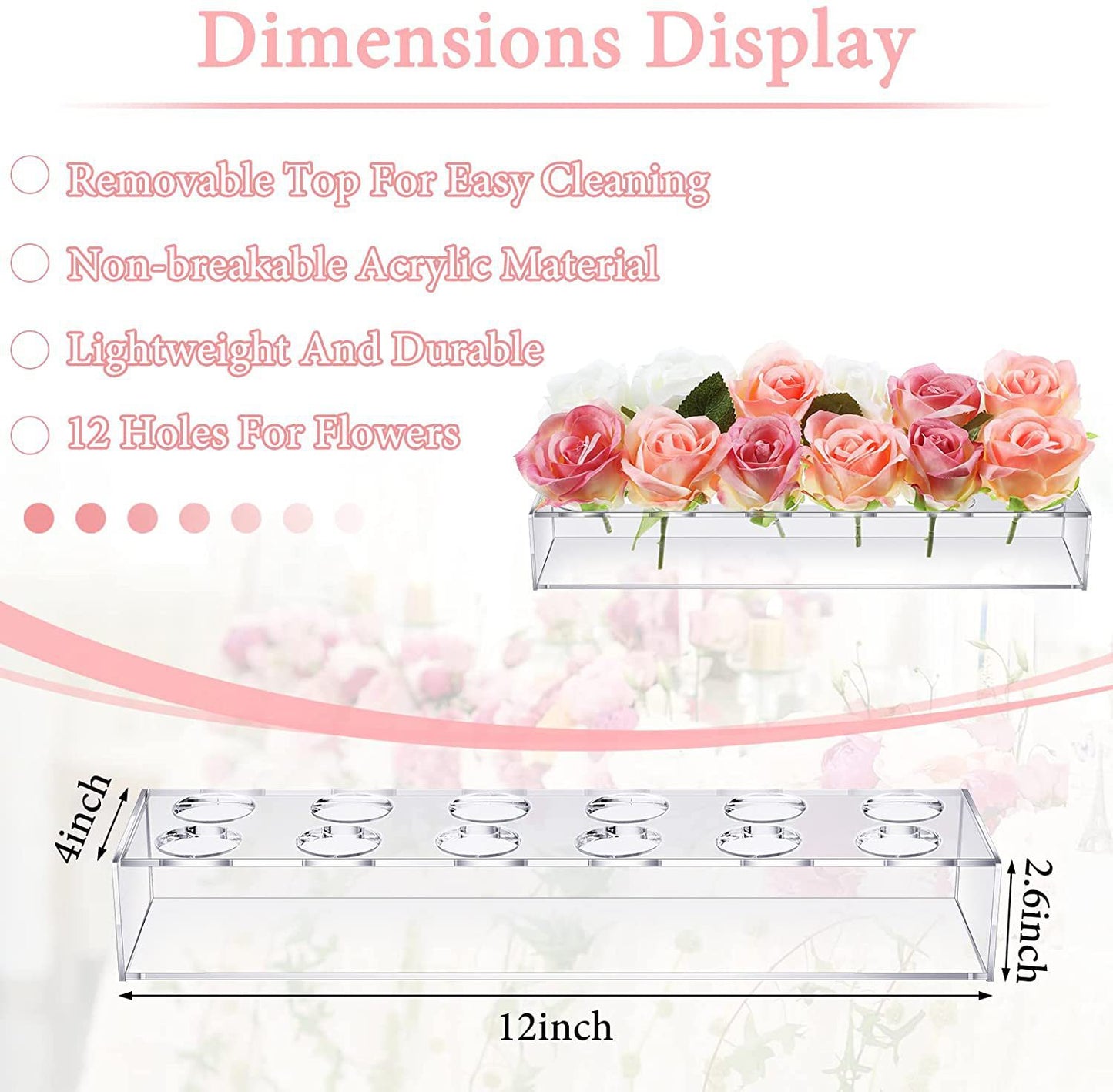 Bulk Clear Acrylic Flower Vase with 12 Holes Rectangular Floral Centerpiece Vase for Weddings Valentine's Day Dining Tables Home Decor Wholesale