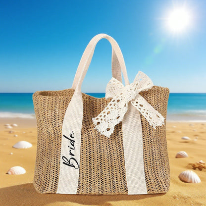 Bride Straw Bag with Sweet Bow - 13x8.7x5.5 Inch | Stylish & Versatile for Weddings & Everyday