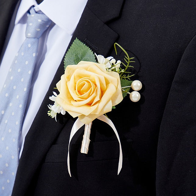 Premium 6 Pcs Men's Boutonniere High Quality Silk Rose Wedding Groomsmen Corsage Prom Anniversary Events Durable Floral Accessories