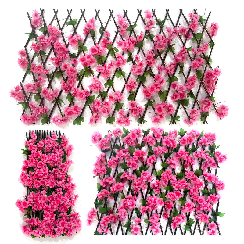 Artificial Cherry Blossom Expandable Fence, Faux Silk Flower Trellis Screen Panel, 190cm Trailing Vine for Garden, Balcony & Wedding Decor