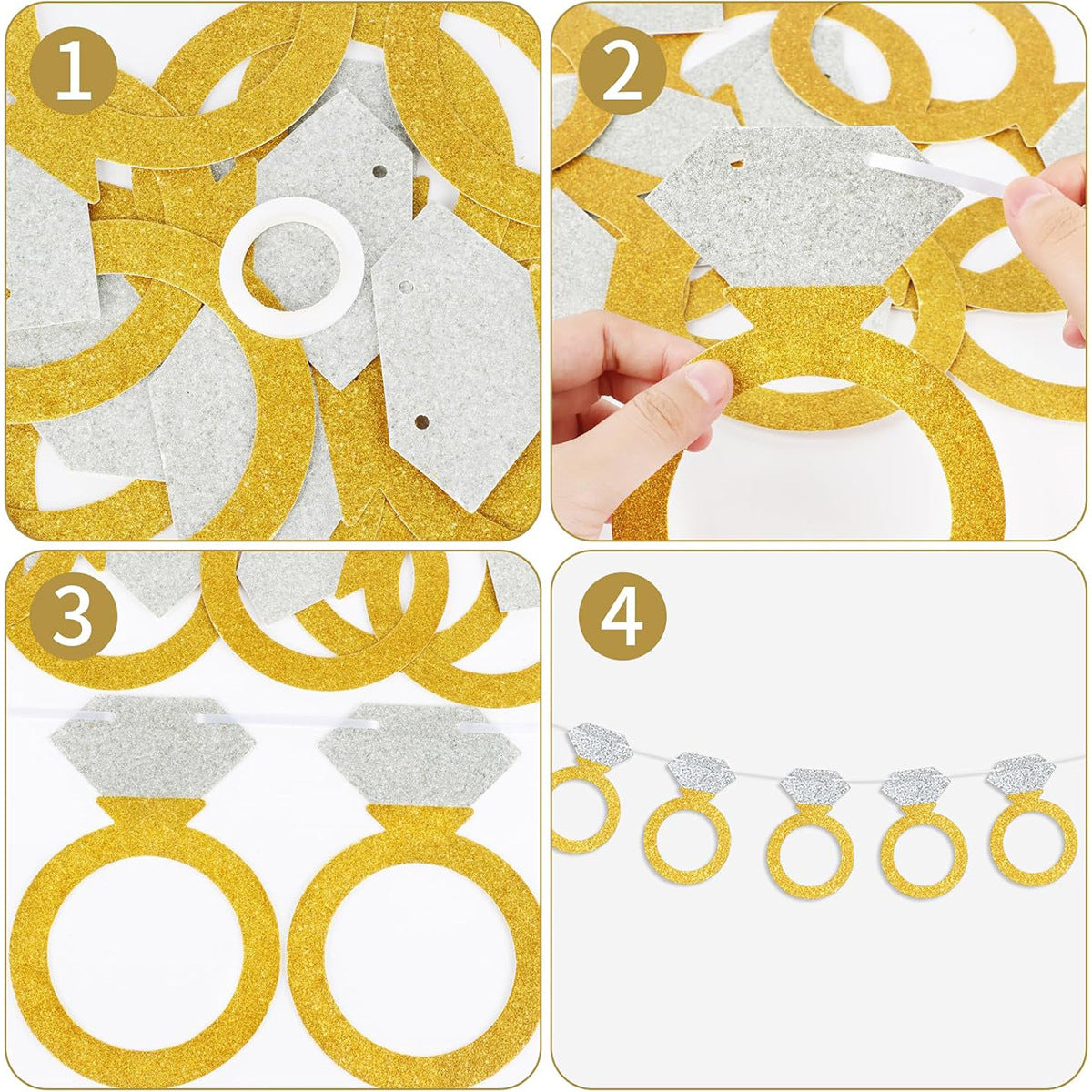 Engagement & Wedding Party Glitter Paper Diamond Ring Banner (16.4ft) - 3-Pack w/ Ribbon & Needle