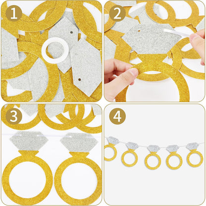 Engagement & Wedding Party Glitter Paper Diamond Ring Banner (16.4ft) - 3-Pack w/ Ribbon & Needle