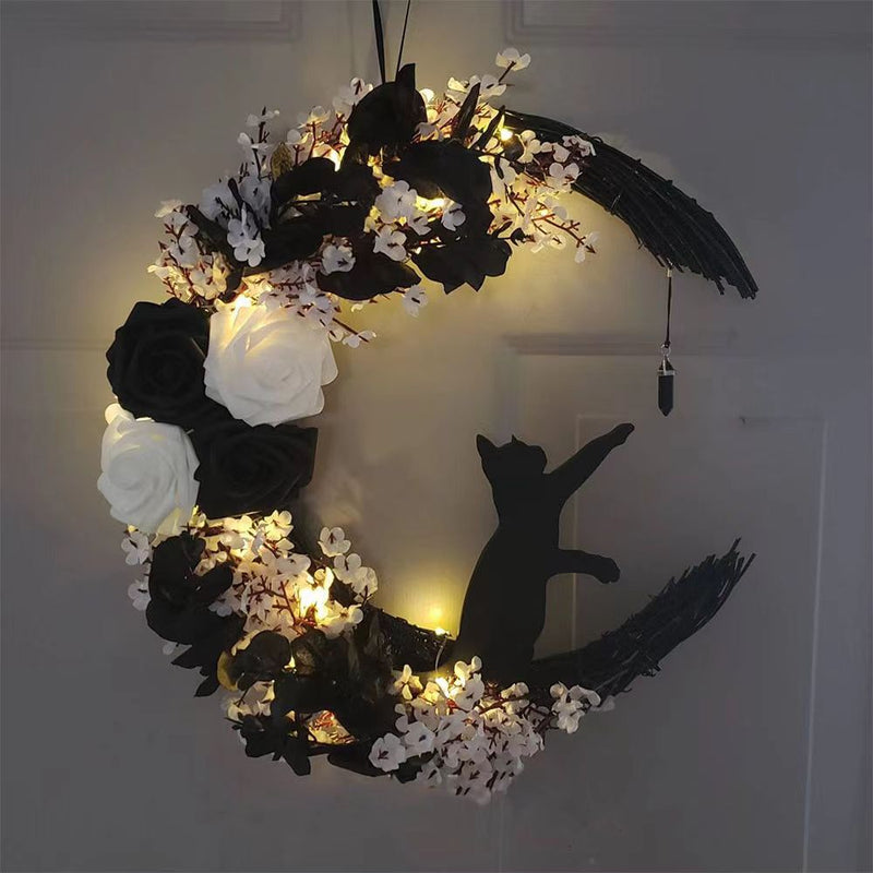 Halloween Moon Cat Wreath with Rose Gothic Grapevine, Farmhouse Porch Front Door Wall Decor, 1 Pc