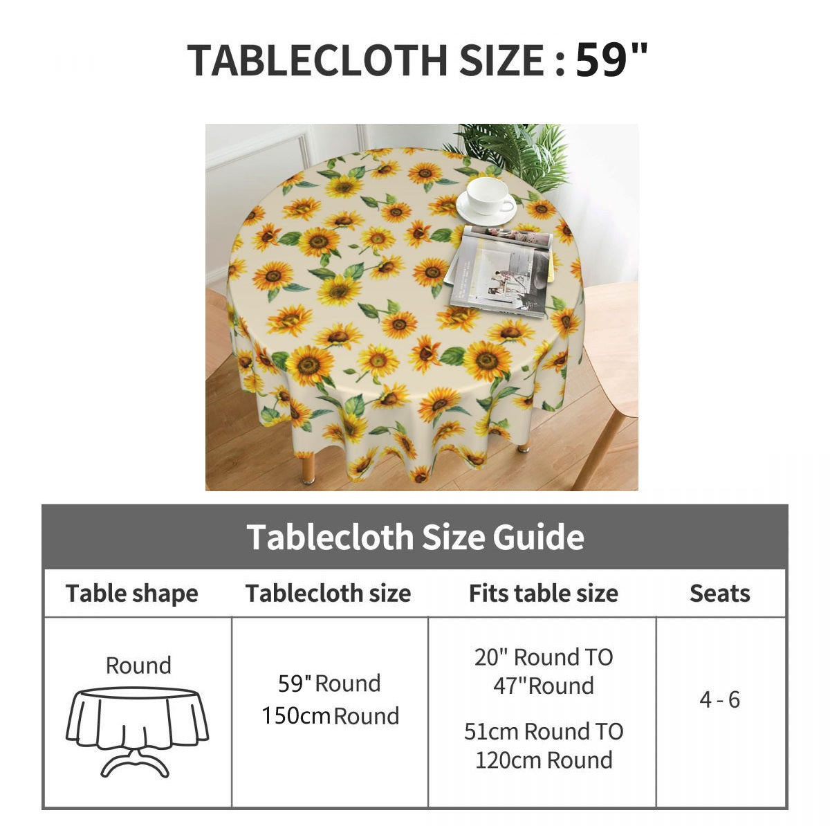 Bulk 2 Pcs Vintage Tablecloths 59 Inch Waterproof Sunflower Round Tablecloth Wholesale