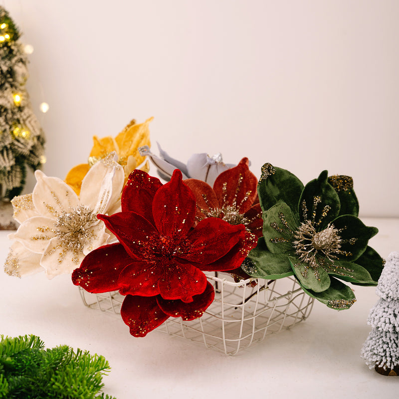 Gold Glitter Velvet Magnolia Artificial Flower, Single Stem with 1 Large Bloom, Christmas Tree Decor, Holiday & Wedding