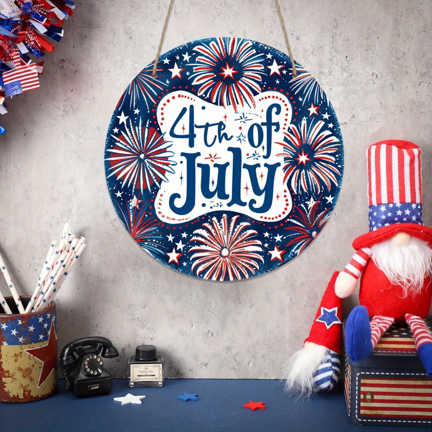 4th of July Wooden Door Hanger, American Flag Stars Fireworks Decor 2 Pack Outdoor Porch Decoration for Independence Day Party