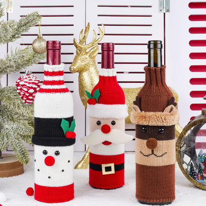 Christmas Knitted Wine Bottle Covers (Santa & Snowman) - 3.9-4.3" x 10.6-11.4" for Champagne/Holiday Party Decor