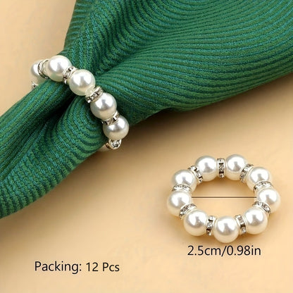Romantic 12 Pcs Hand-beaded Pearl Rhinestone Napkin Rings - Wedding Table Elegant Decor Elastic Napkin Holders