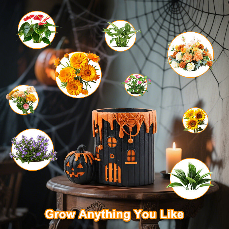 Halloween Pumpkin House Resin Planter - Spooky Cute Decor for Home Desk & Garden