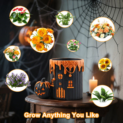 Halloween Pumpkin House Resin Planter - Spooky Cute Decor for Home Desk & Garden