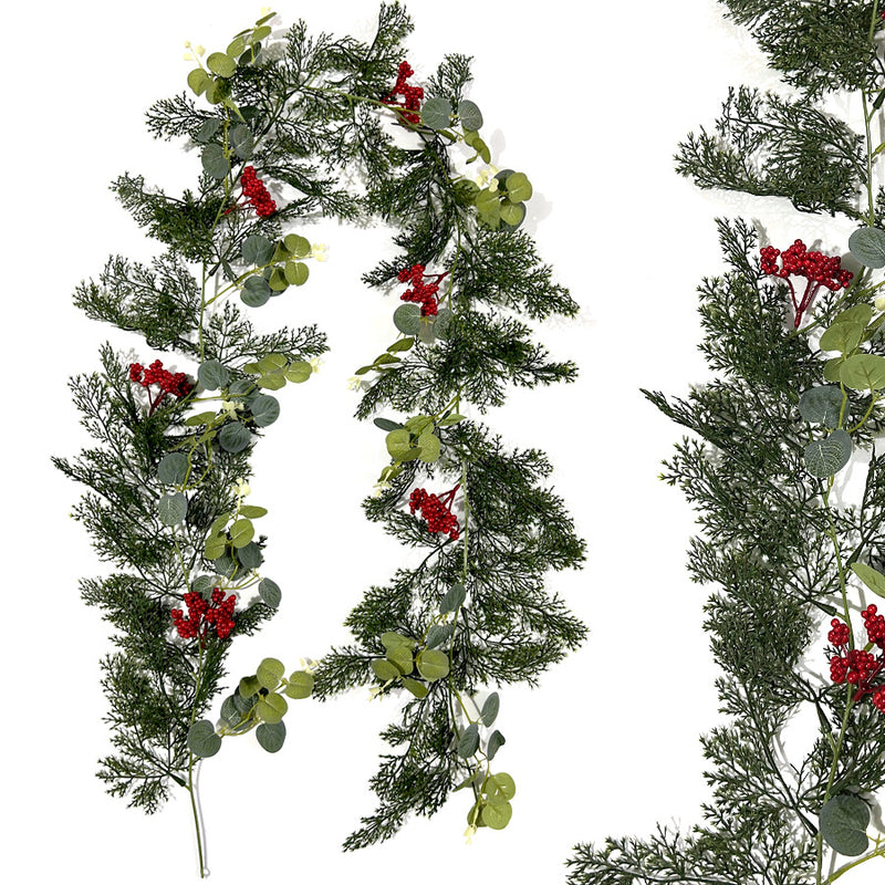 Artificial Christmas Garland Vine with Red Berries & Pine Needles, Plastic Hanging Greenery, Indoor Holiday Decor