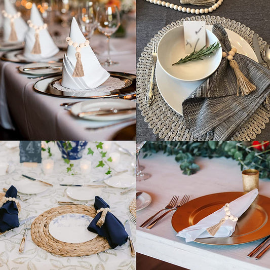 Premium Wooden Napkin Rings 12 Pack Elastic Wood Bead Tassel Design for Weddings Holiday Tablescapes & Reusable Dinner Party Decor