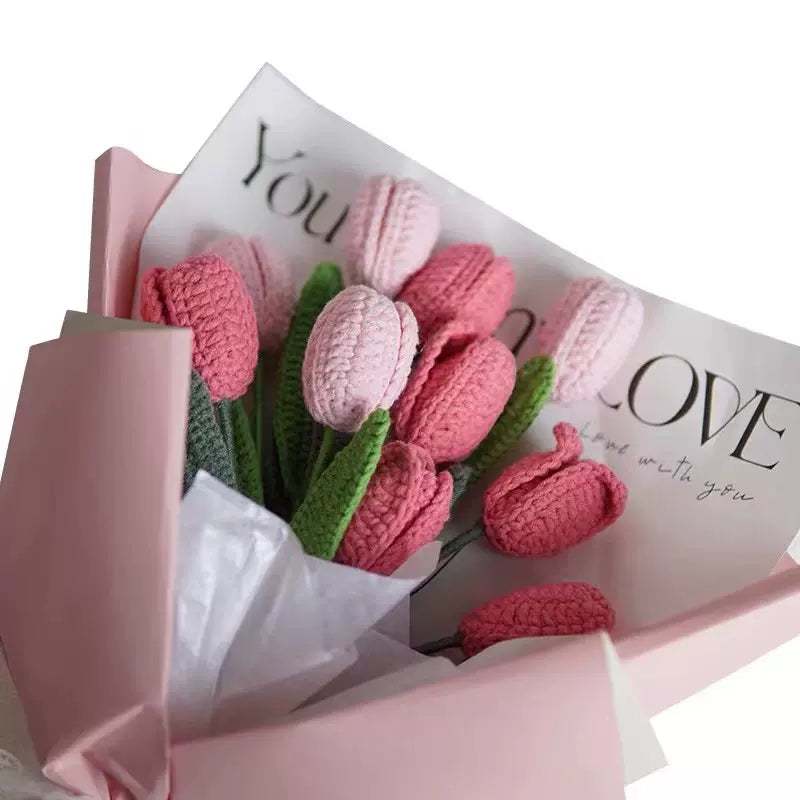 Handmade Artificial Knitted Tulip Bouquet, 10 Pcs Crochet Flowers for Wedding Decor