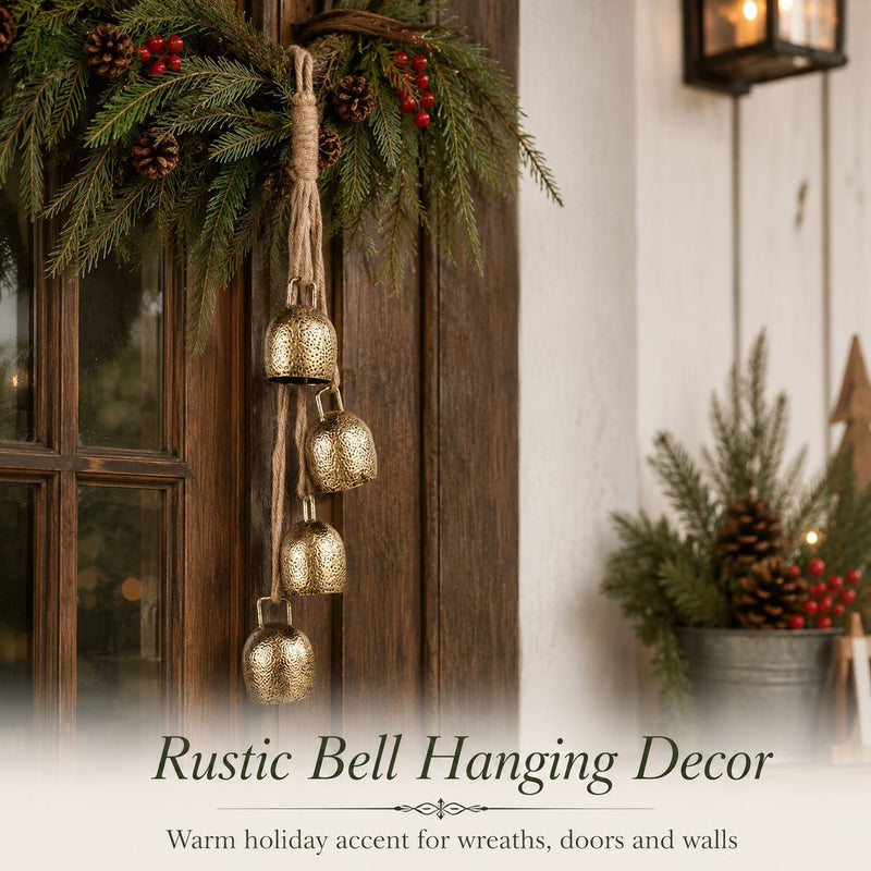 Vintage Gold Metal Christmas Bell Garland, 4 Jingle Bells on Twine, 15" Long, Hanging Holiday Ornament