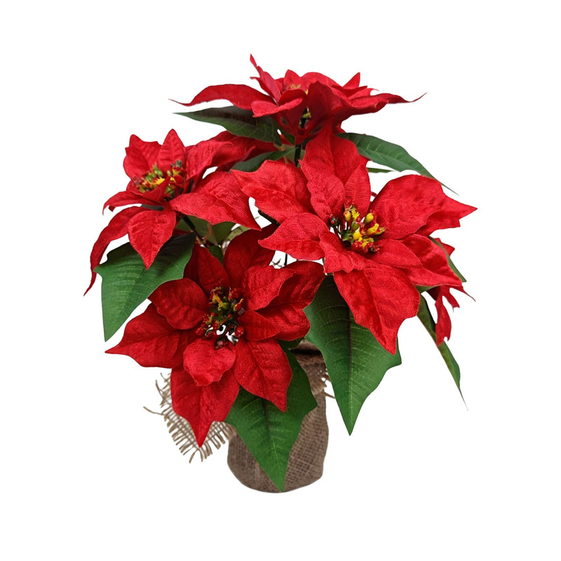 17" Artificial Poinsettia Bush with Planter, Lifelike Holiday Decor for Home, Office & Events