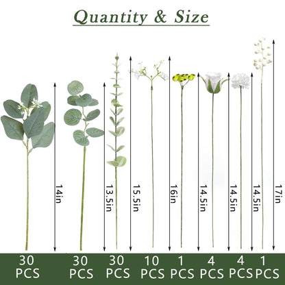 Bulk 110 Pcs 7 Kinds Mixed Artificial Eucalyptus Stems and Faux Flowers Wedding Floral Supplies for DIY Bouquets Table Centerpieces & Home Decor Arrangements Wholesale