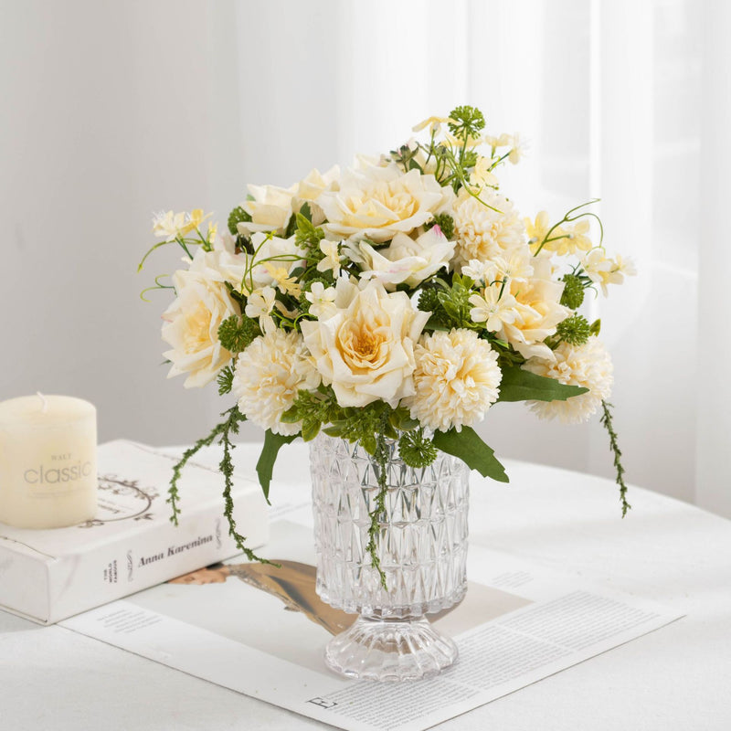 11" Realistic Artificial Rose & Chrysanthemum Bush, 5-Bloom Floral Cluster for Weddings, Home Decor, and Events, Countryside & Modern Style