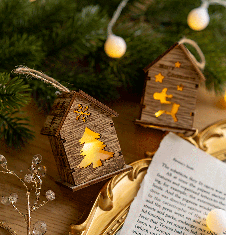 10 Pcs Light Up Wooden Snowmen Elk Snowflakes Pendants Hanging Christmas Tree Ornaments Decor