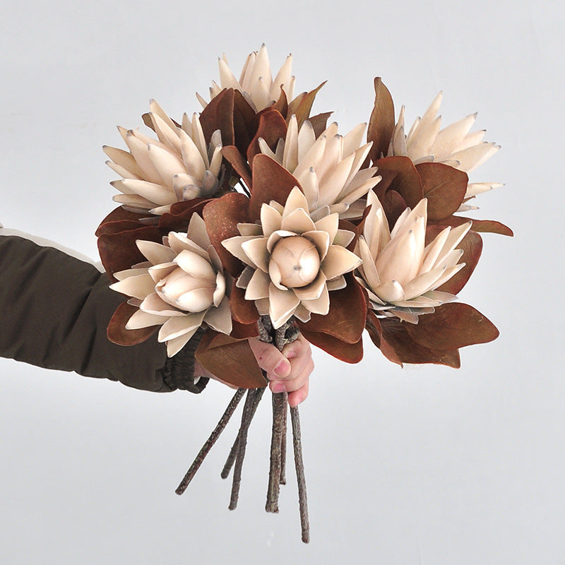 Single Stem Protea Artificial Flower, Caramel Tone, 20" Tall, Silk-like Fabric, Retro Home Decor