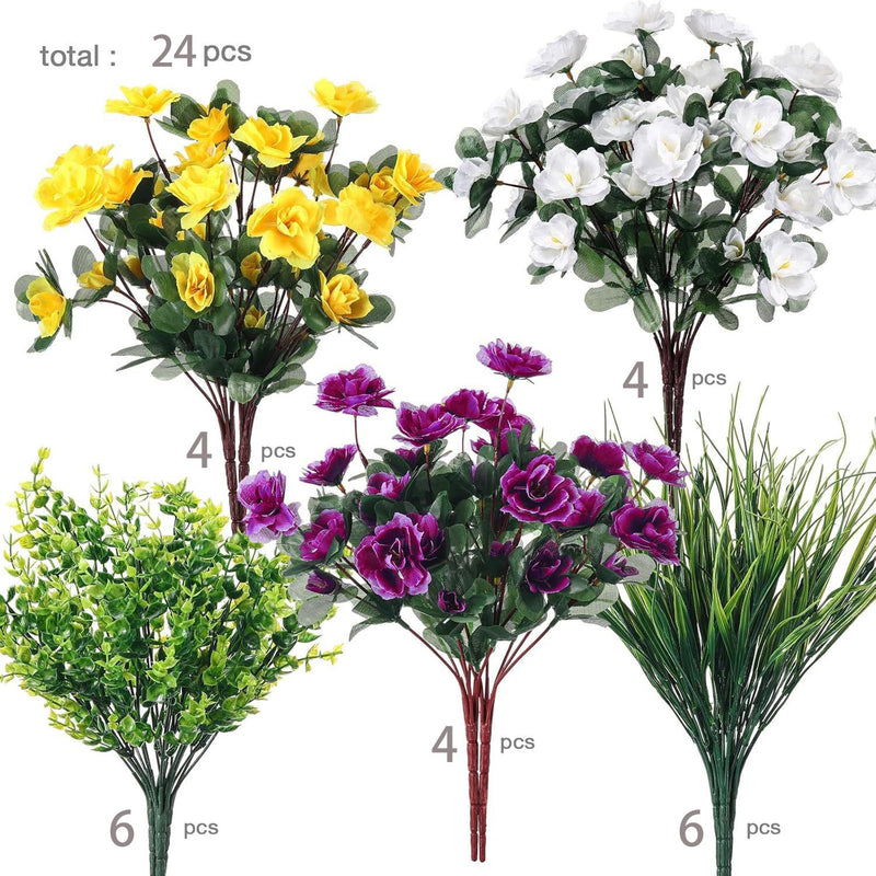 Artificial Eucalyptus & Azalea Bush with Spring Grass, Pack of 12 Faux Greenery Bushes, Indoor Outdoor Home & Event Decor