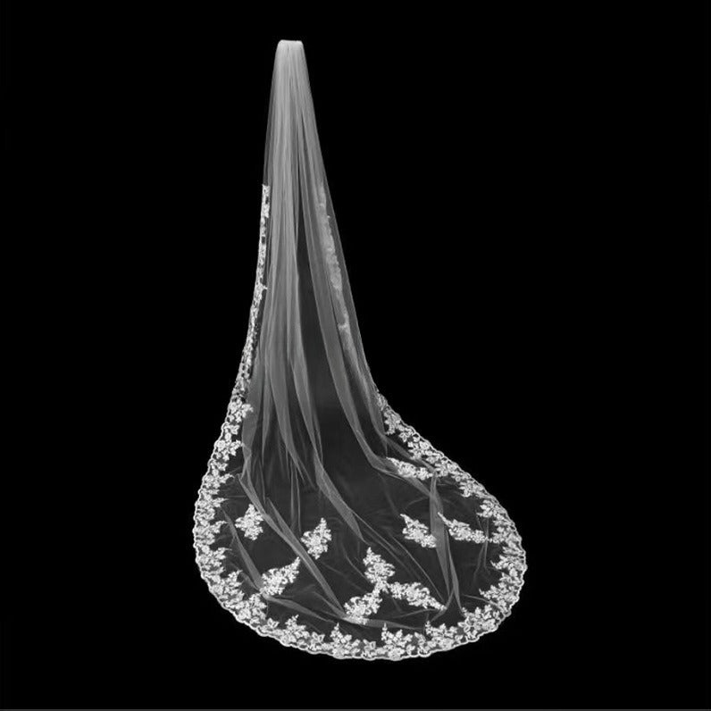 Bulk Cathedral Length Veil Ivory Wedding Lace Veil Floral 1 Tier Floor Length Veil for Brides Soft Tulle Bridal Veils Wholesale