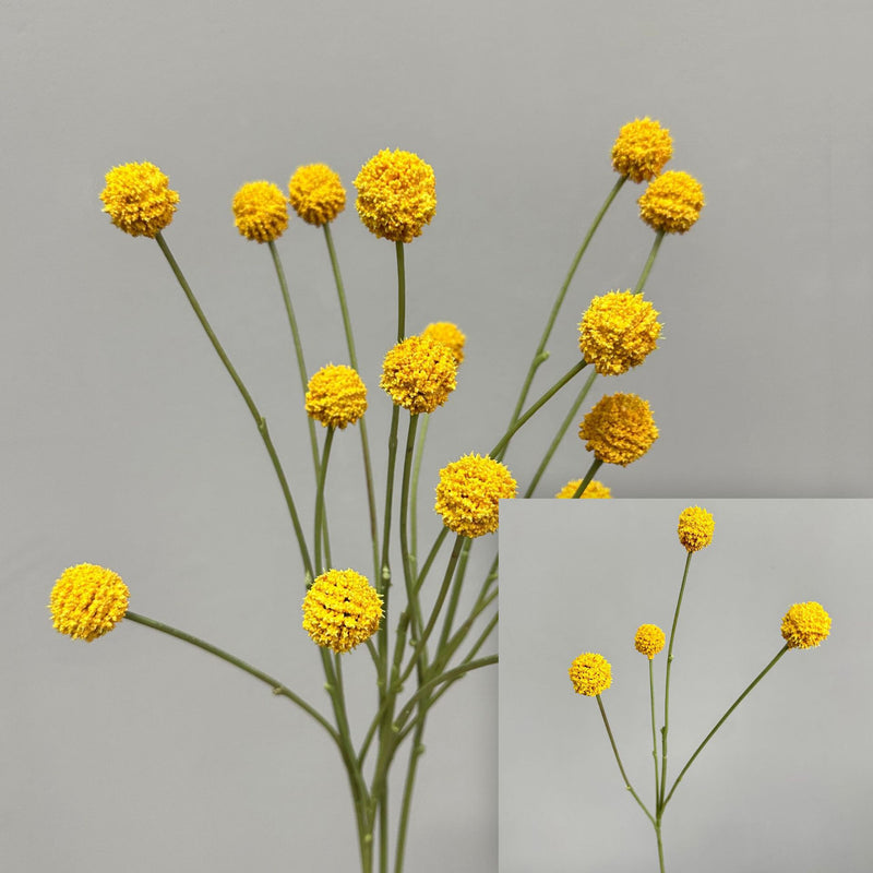 Artificial Craspedia Billy Balls Bush, 4 Yellow Ball Blooms, Plastic, 24" Tall, for Home Decor, Weddings & Window Displays
