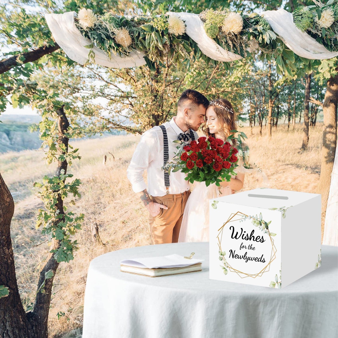 Wedding Wishes Box for Newlyweds - 6.3 Inch Cube Card Box for Wedding Baby Shower Bridal Shower & Birthday Party (Greenery Collection)