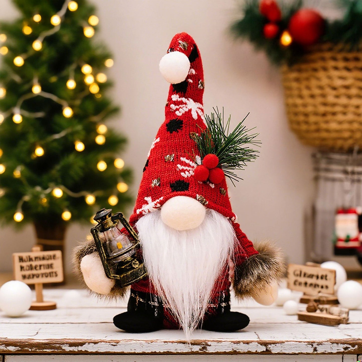 Christmas Gnome Decor - Knitted Bent Hat & Candy Cane Design Standing Figurine